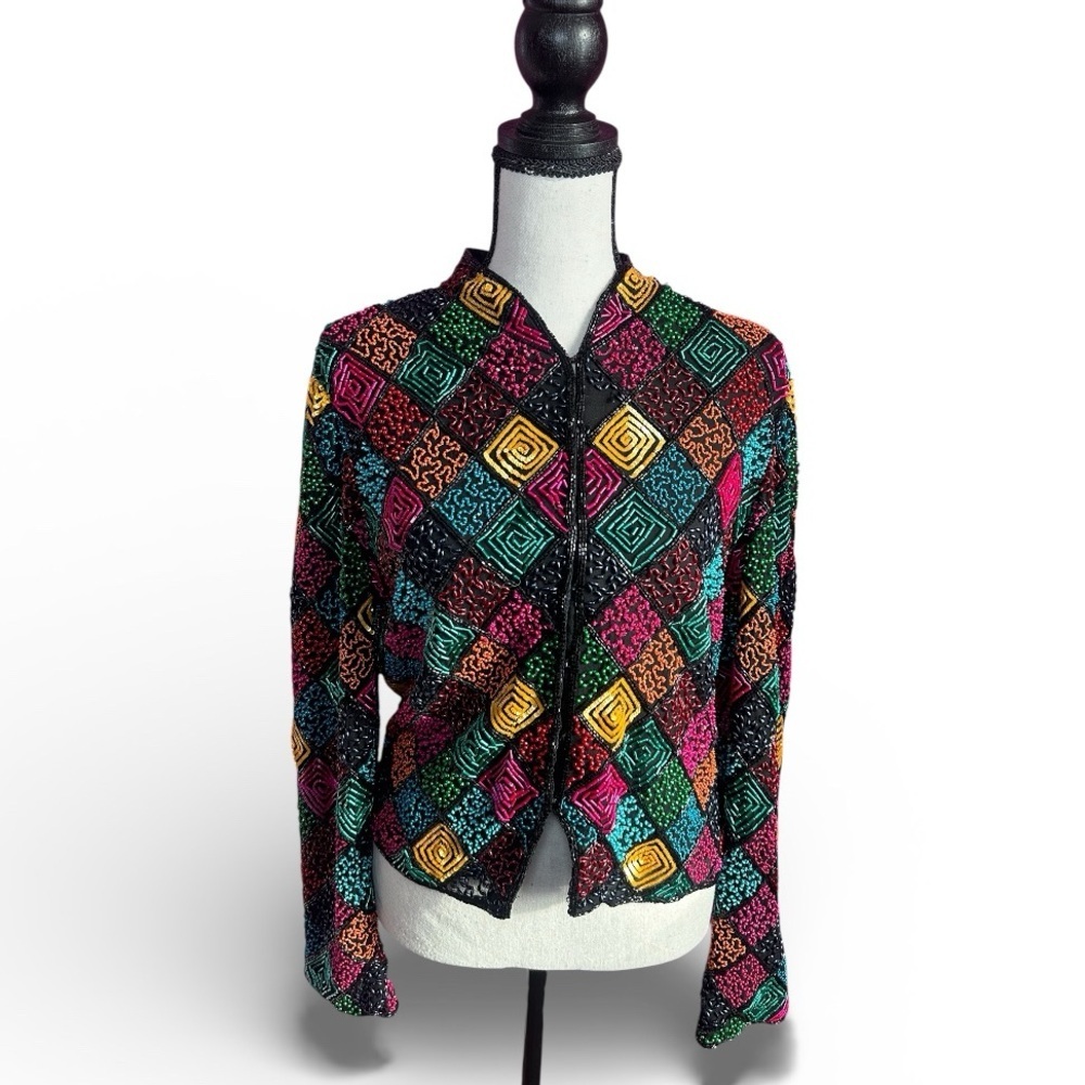 Vintage Beaded Multicolor Hooked Front Jacket, Size Small